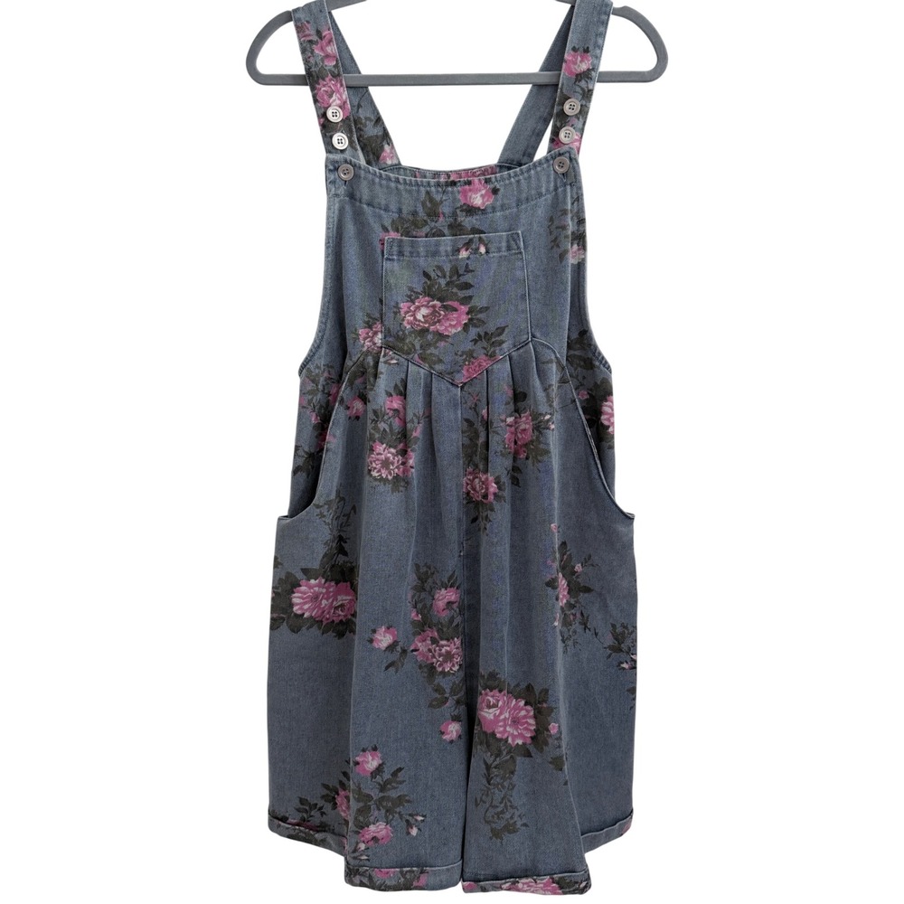 BIB! Floral Denim Shortalls Women XL Blue Pink Rose Print 100% Cotton NWT